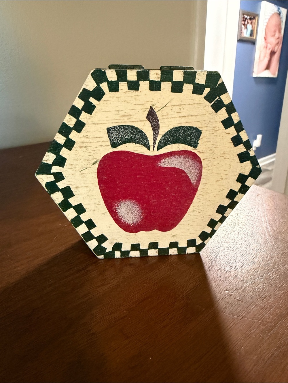 Rustic Hexagonal Wooden Apple box - Red & Green vintage decor